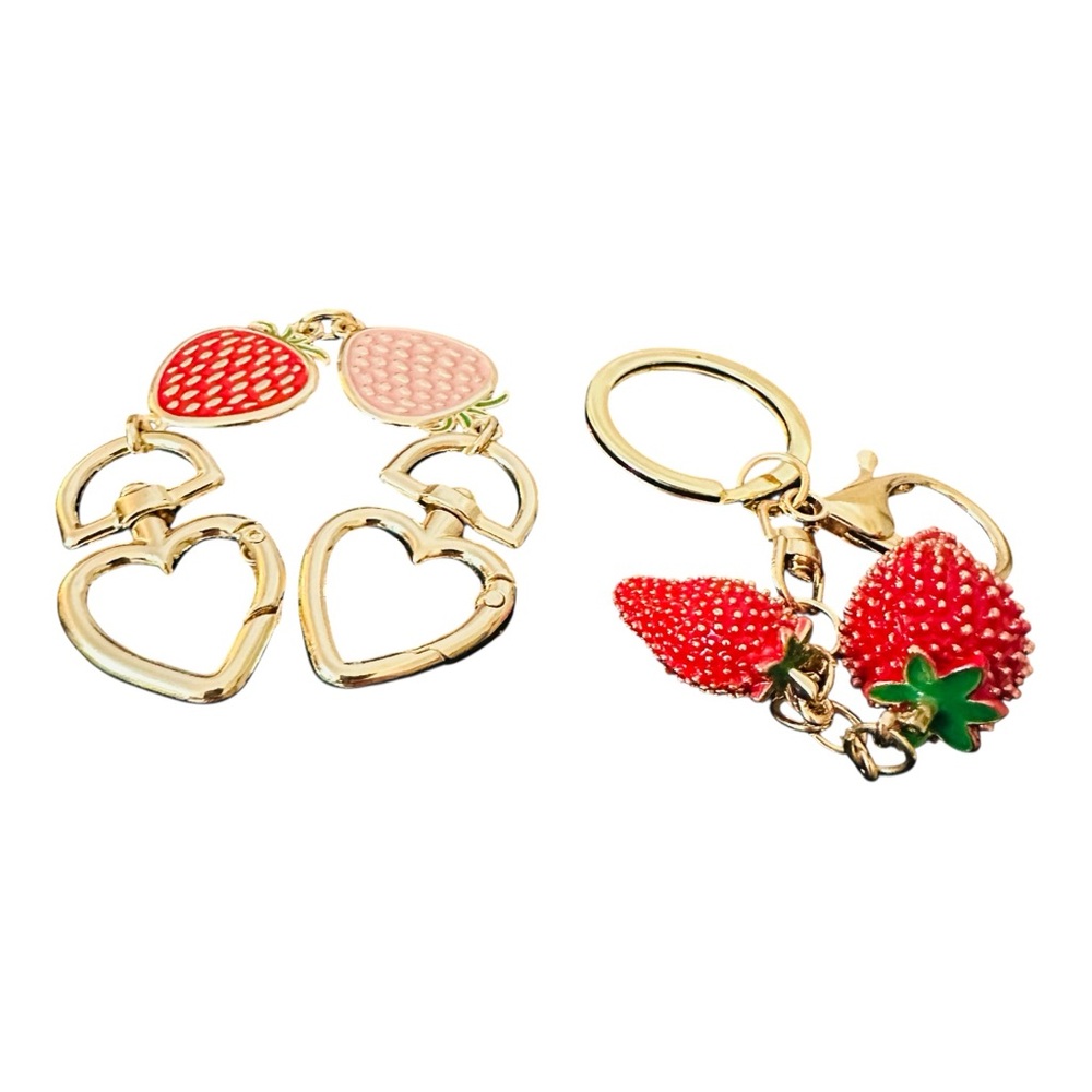Strawberry & Hearts Bag Charm & Keychain with Red & Pink Charms Gold Chain - Picture 5 of 8